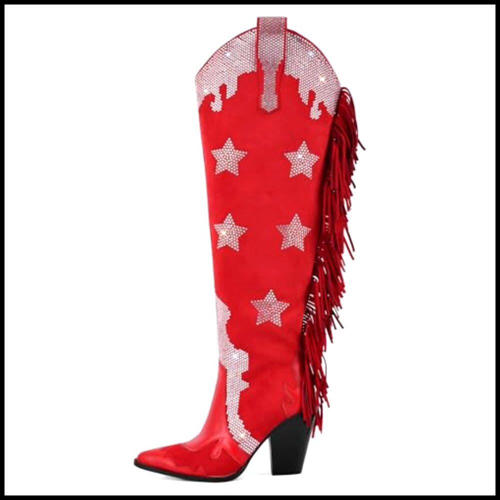Fringe Thigh High Over The Knee Cowboy Boots Rhinestone Star Embellished - Picture 4 of 7
